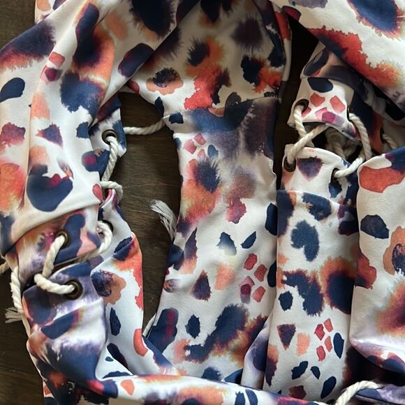 Aila Blue swimsuit with lace up tie side waist and front Sz- Medium - Picture 6 of 7